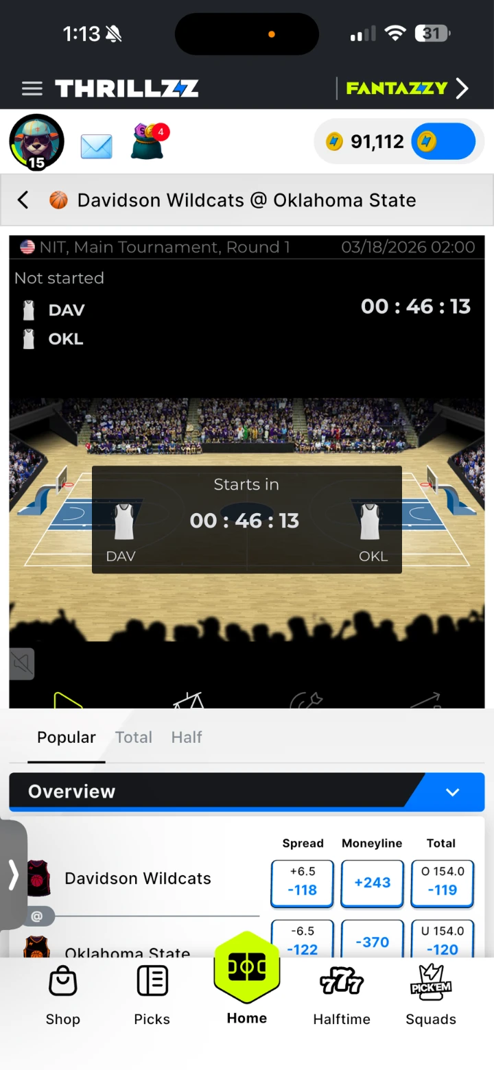 Thrillzz app — Squad chat with a shared winning parlay
