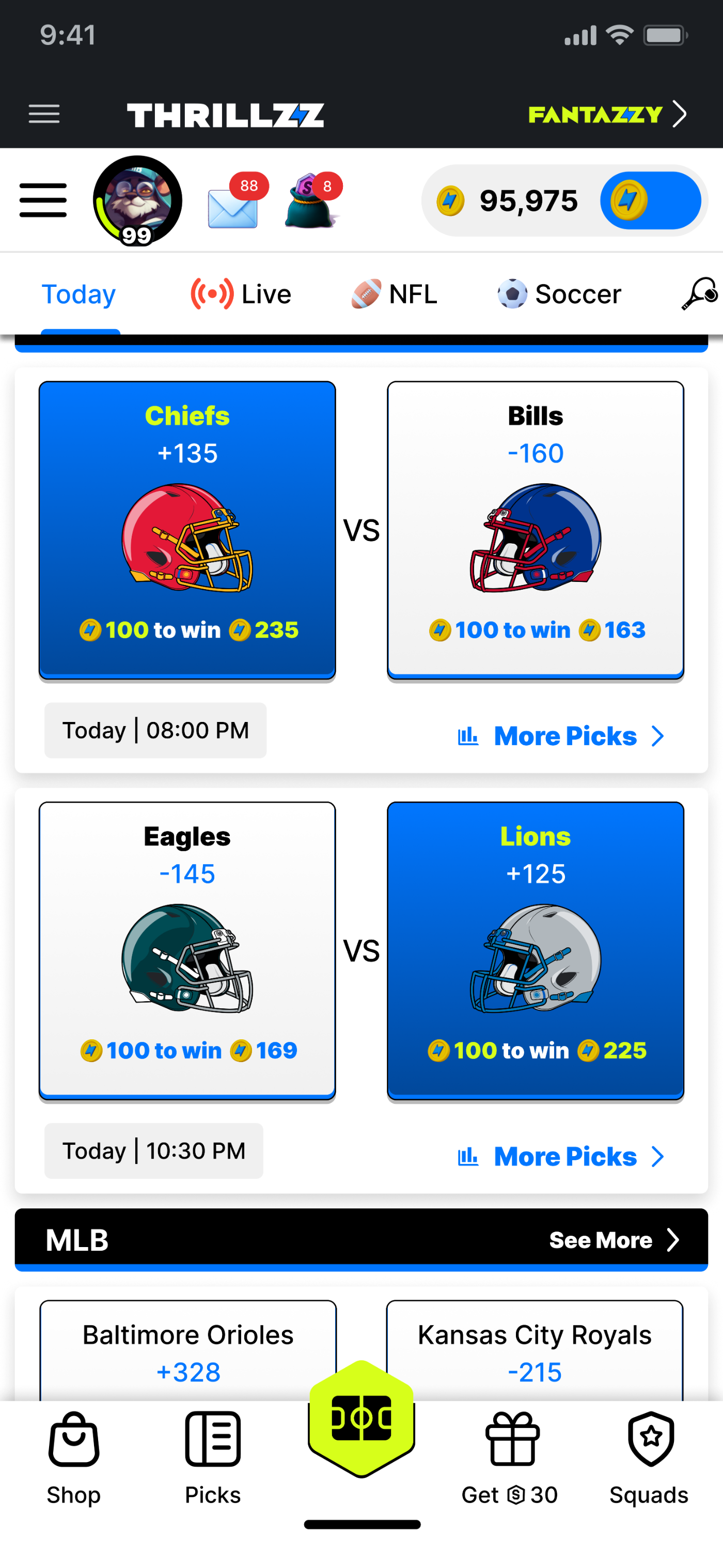 Thrillzz app — Pick'em home with Coins balance