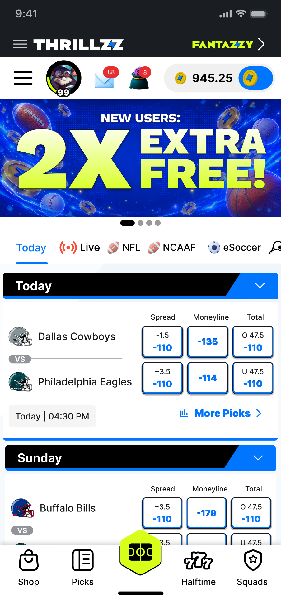 Thrillzz app — Pick'em home with live NBA tournaments