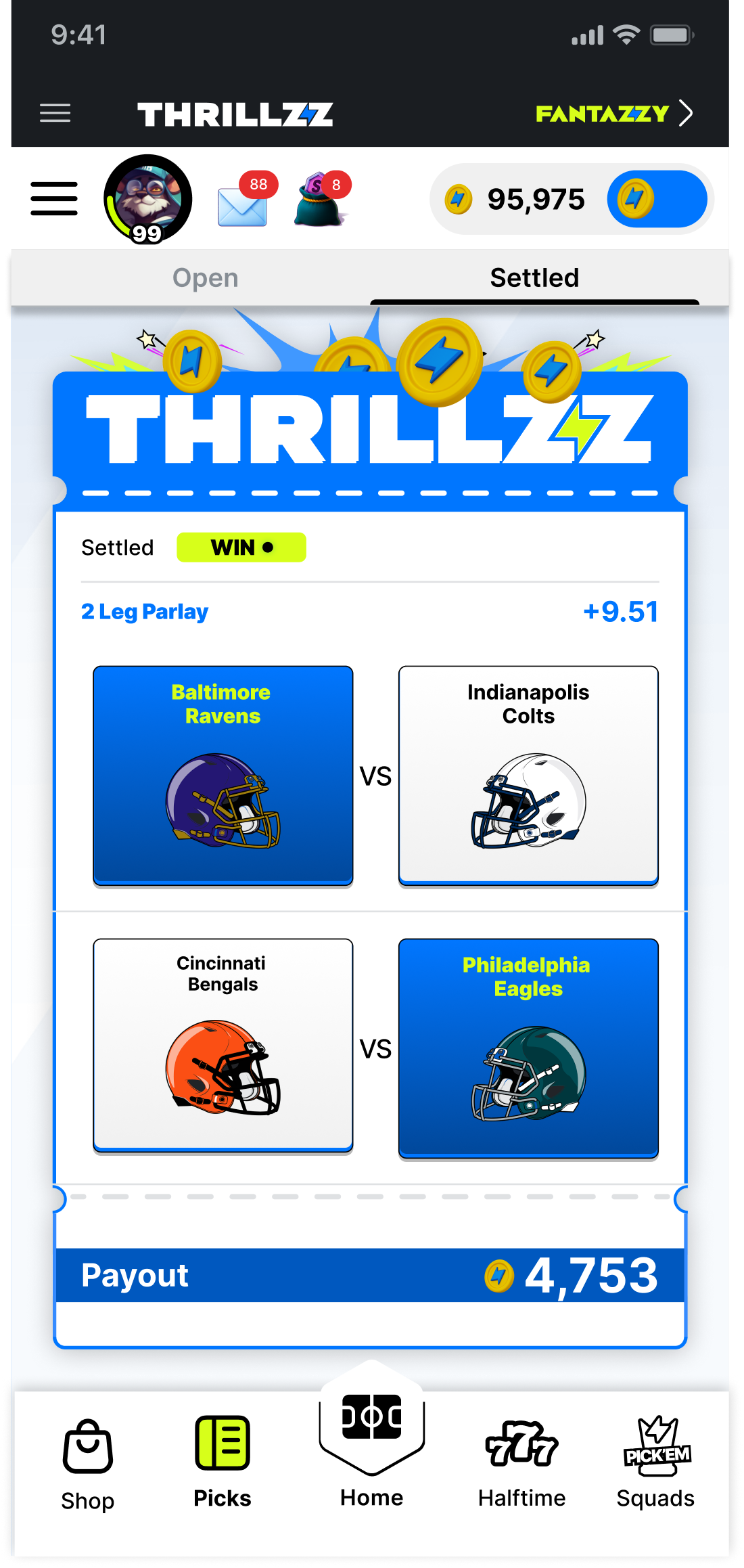 Thrillzz app — live basketball game with odds